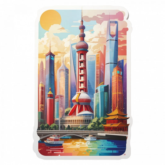 Set 2 bucati, Sticker decorativ, Orasul Shanghai, Rezistent la apa, NO5903, 16 cm, Multicolor