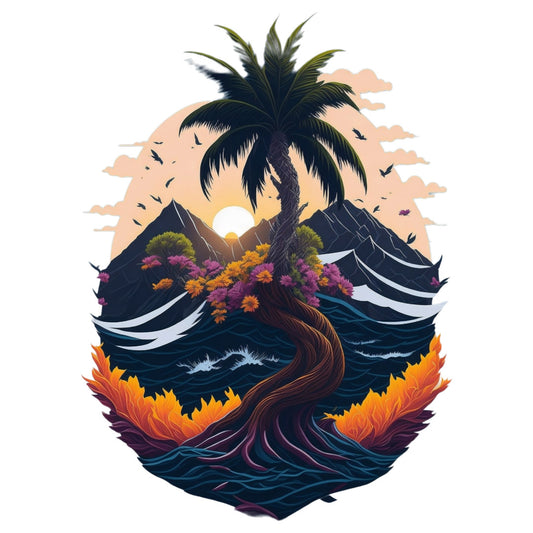 Set 2 bucati, Sticker decorativ, Peisaj de munte cu palmieri, Rezistent la apa, NO6172, 16 cm, Multicolor