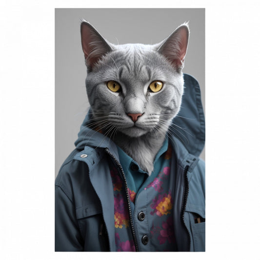 Set 2 bucati, Sticker decorativ, Pisica albastru de rusia cu jacheta, Rezistent la apa, NO5858, 16 cm, Multicolor