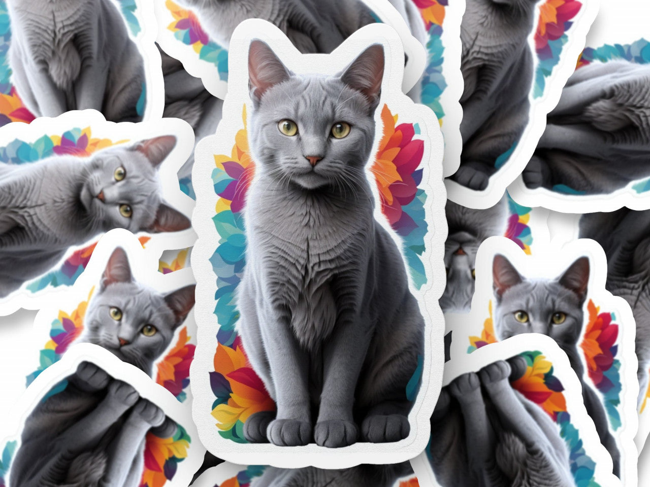 Set 2 bucati, Sticker decorativ, Pisica albastru de rusia, Rezistent la apa, NO5860, 16 cm, Multicolor