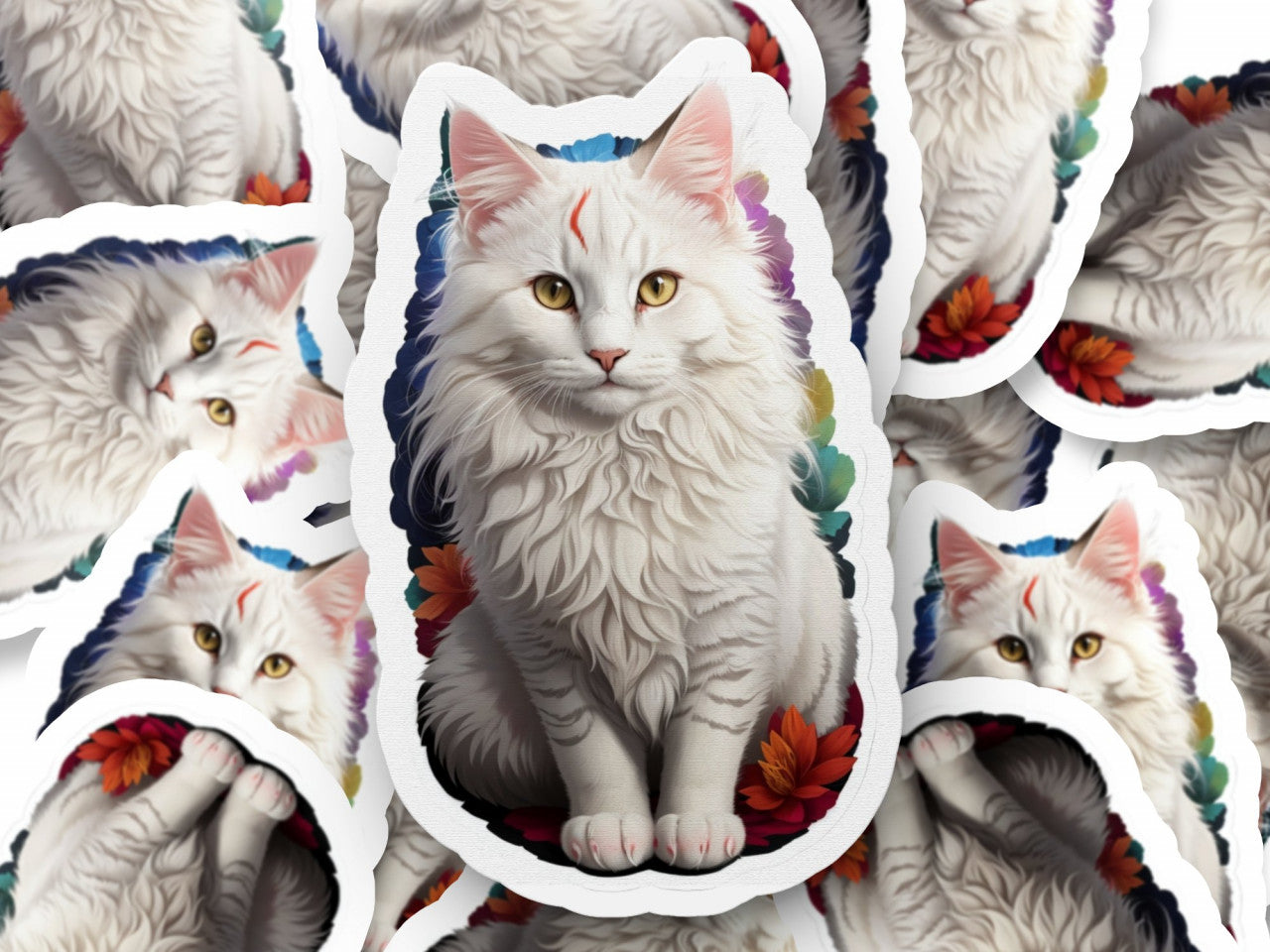 Set 2 bucati, Sticker decorativ, Pisica Angora turceasca, Rezistent la apa, NO6030, 16 cm, Multicolor