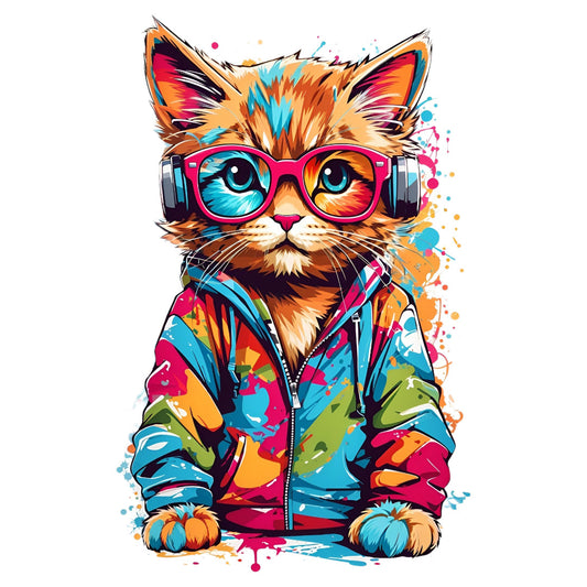 Set 2 bucati, Sticker decorativ, Pisica cu bluza si ochelari, Rezistent la apa, NO6652, 16 cm, Multicolor