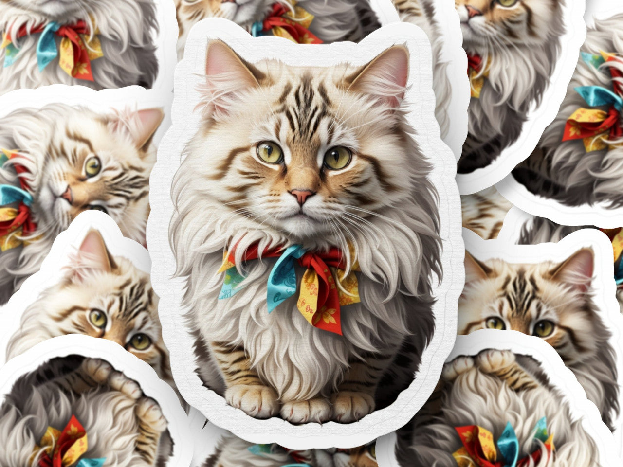 Set 2 bucati, Sticker decorativ, Pisica Ragamuffin cu funda, Rezistent la apa, NO5820, 16 cm, Multicolor
