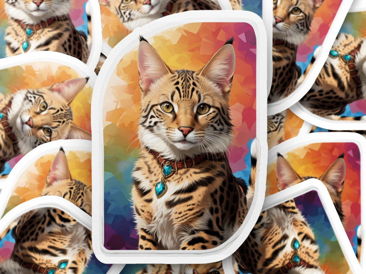 Set 2 bucati, Sticker decorativ, Pisica Savannah cu medalion, Rezistent la apa, NO5874, 16 cm, Multicolor