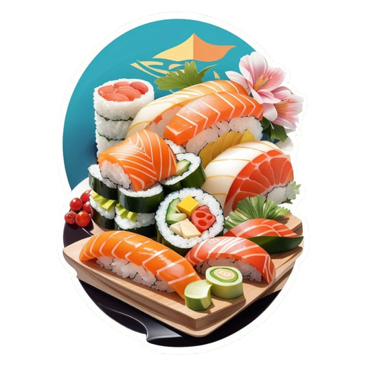 Set 2 bucati, Sticker decorativ, Platou sushi, Rezistent la apa, NO6897, 16 cm, Multicolor