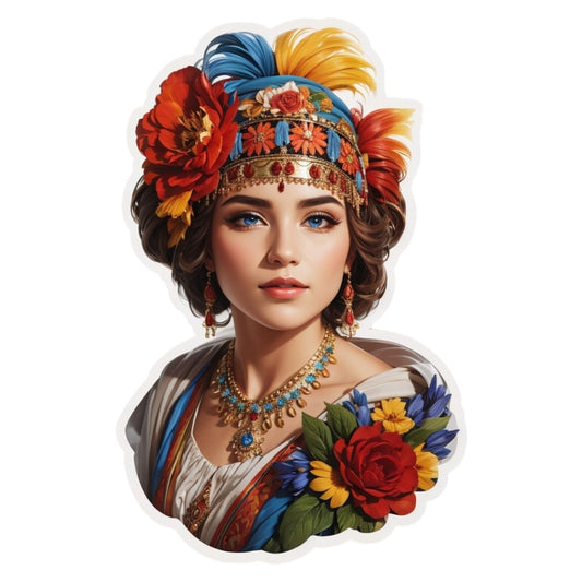 Set 2 bucati, Sticker decorativ, Romanca in costum folcloric cu colier, Rezistent la apa, NO6859, 16 cm, Multicolor