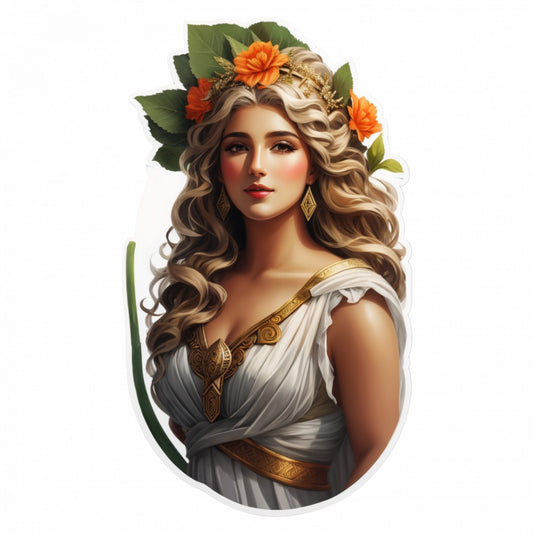 Set 2 bucati, Sticker decorativ, Zeita Demetra cu coronita de flori, Rezistent la apa, NO5175, 16 cm, Multicolor