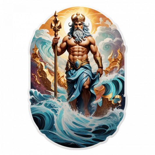 Set 2 bucati, Sticker decorativ, Zeul grec Poseidon cu coroana si sceptru, Rezistent la apa, NO5805, 16 cm, Multicolor