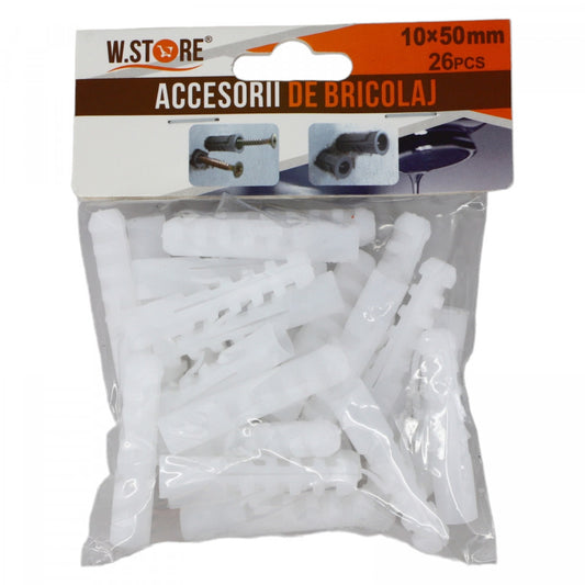 Set 26 buc, Dibluri fara margine, plastic, 10 x 50 mm, Alb