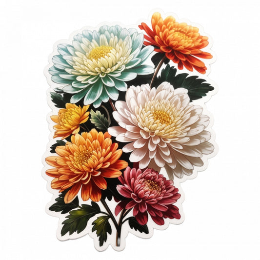 Set 3 bucati, Sticker decorativ, Buchet de flori de Crizantema, Rezistent la apa, NO381, 6 cm, Multicolor