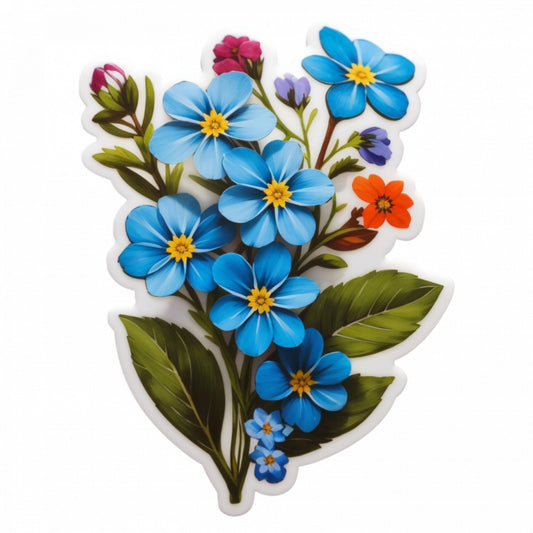 Set 3 bucati, Sticker decorativ, Buchet de flori de Nu ma uita, Rezistent la apa, NO557, 6 cm, Multicolor