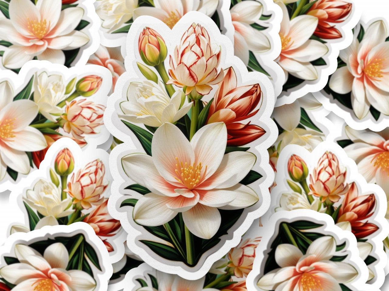 Set 3 bucati, Sticker decorativ, Buchet de tuberoze, Rezistent la apa, NO1320, 6 cm, Multicolor