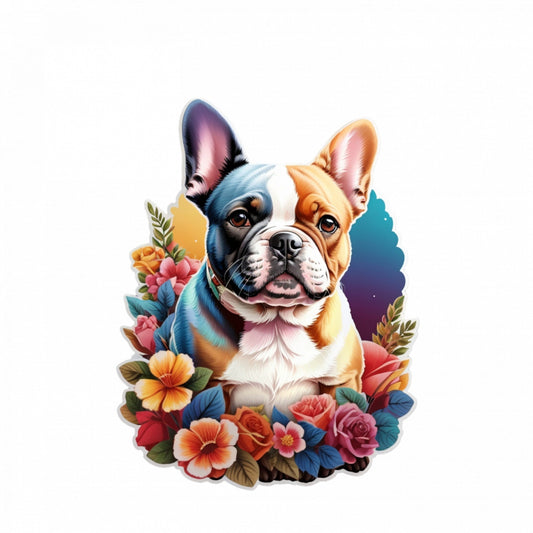 Set 3 bucati, Sticker decorativ, Buldog francez cu flori, Rezistent la apa, NO579, 6 cm, Multicolor
