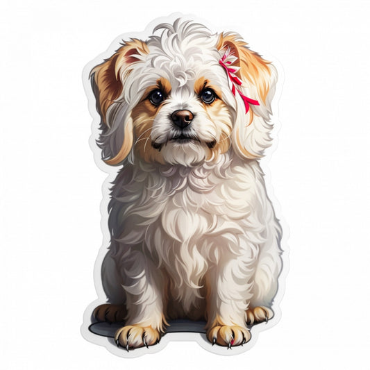 Set 3 bucati, Sticker decorativ, Caine Bichon maltez cu fundita, Rezistent la apa, NO862, 6 cm, Multicolor