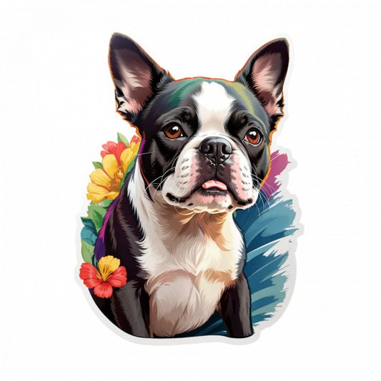 Set 3 bucati, Sticker decorativ, Caine Boston terrier cu flori, Rezistent la apa, NO261, 6 cm, Multicolor