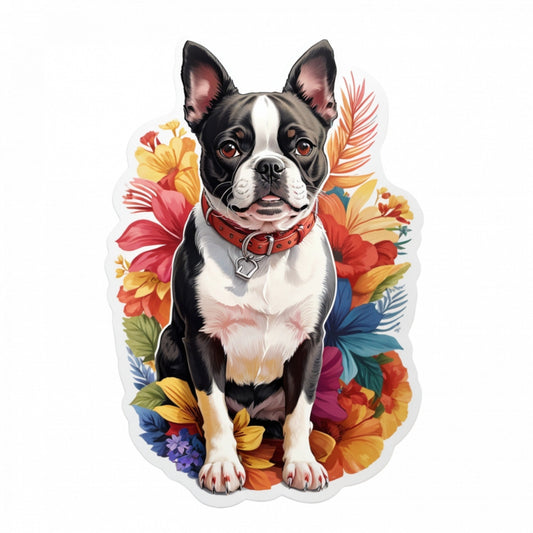 Set 3 bucati, Sticker decorativ, Caine Boston terrier cu zgarda, Rezistent la apa, NO260, 6 cm, Multicolor