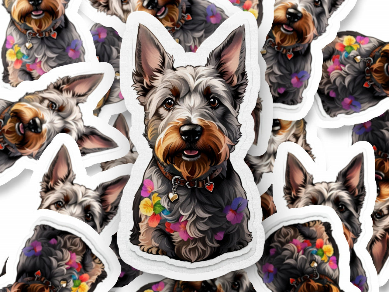 Set 3 bucati, Sticker decorativ, Caine Scottish terrier cu zgarda, Rezistent la apa, NO1182, 6 cm, Multicolor