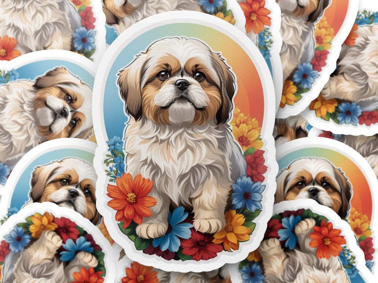 Set 3 bucati, Sticker decorativ, Caine Shih Tzu, Rezistent la apa, NO1214, 6 cm, Multicolor