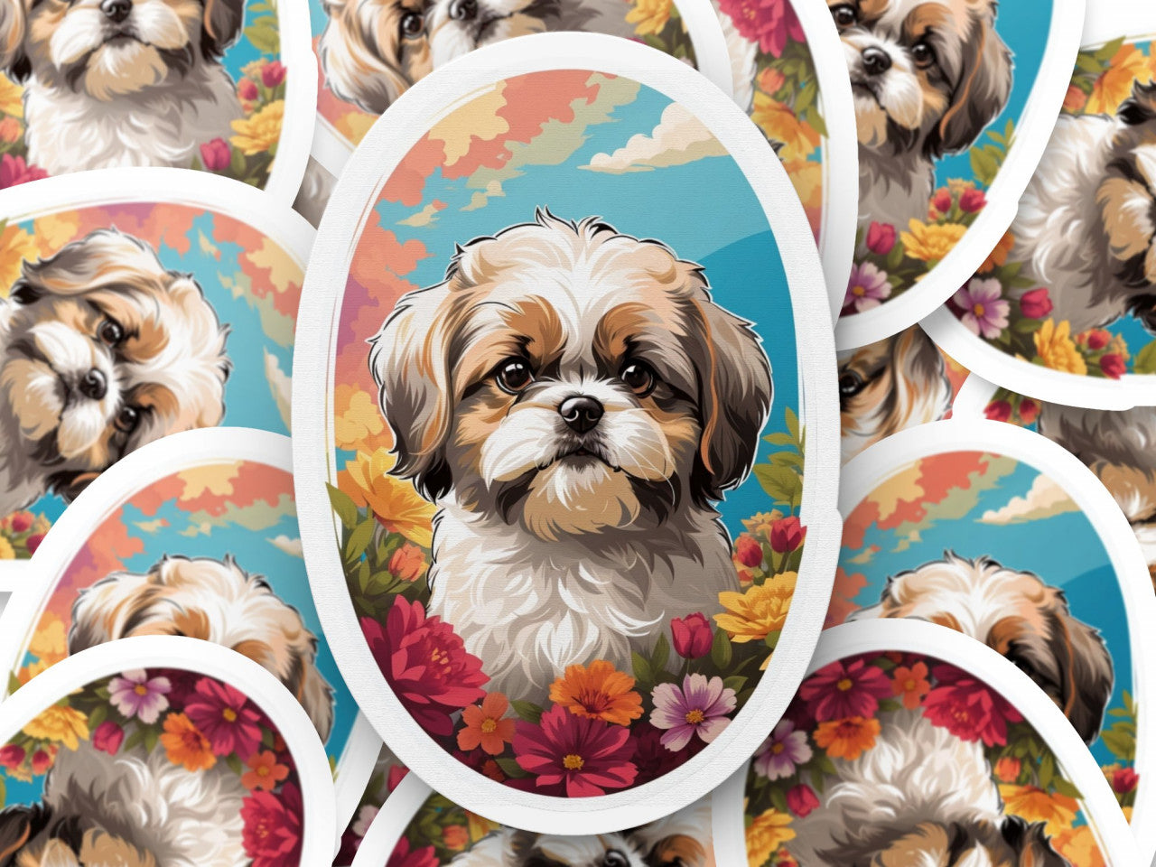 Set 3 bucati, Sticker decorativ, Caine Shih Tzu, Rezistent la apa, NO1217, 6 cm, Multicolor