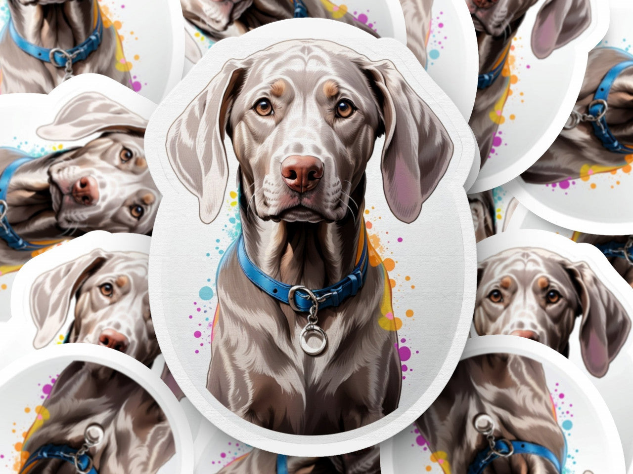 Set 3 bucati, Sticker decorativ, Caine Weimaraner cu zgarda, Rezistent la apa, NO1365, 6 cm, Multicolor