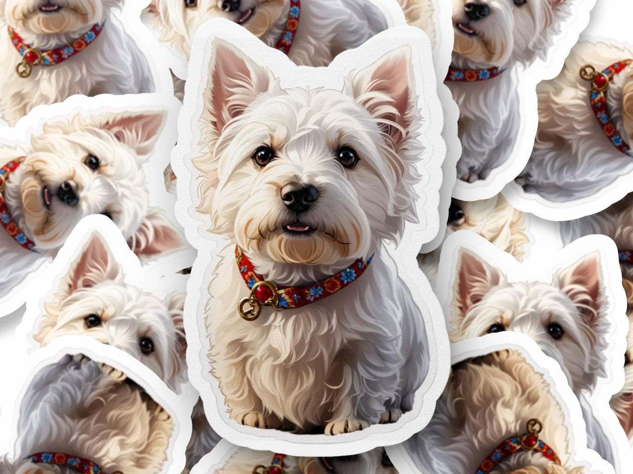 Set 3 bucati, Sticker decorativ, Caine West highland terrier cu zgarda, Rezistent la apa, NO1370, 6 cm, Multicolor