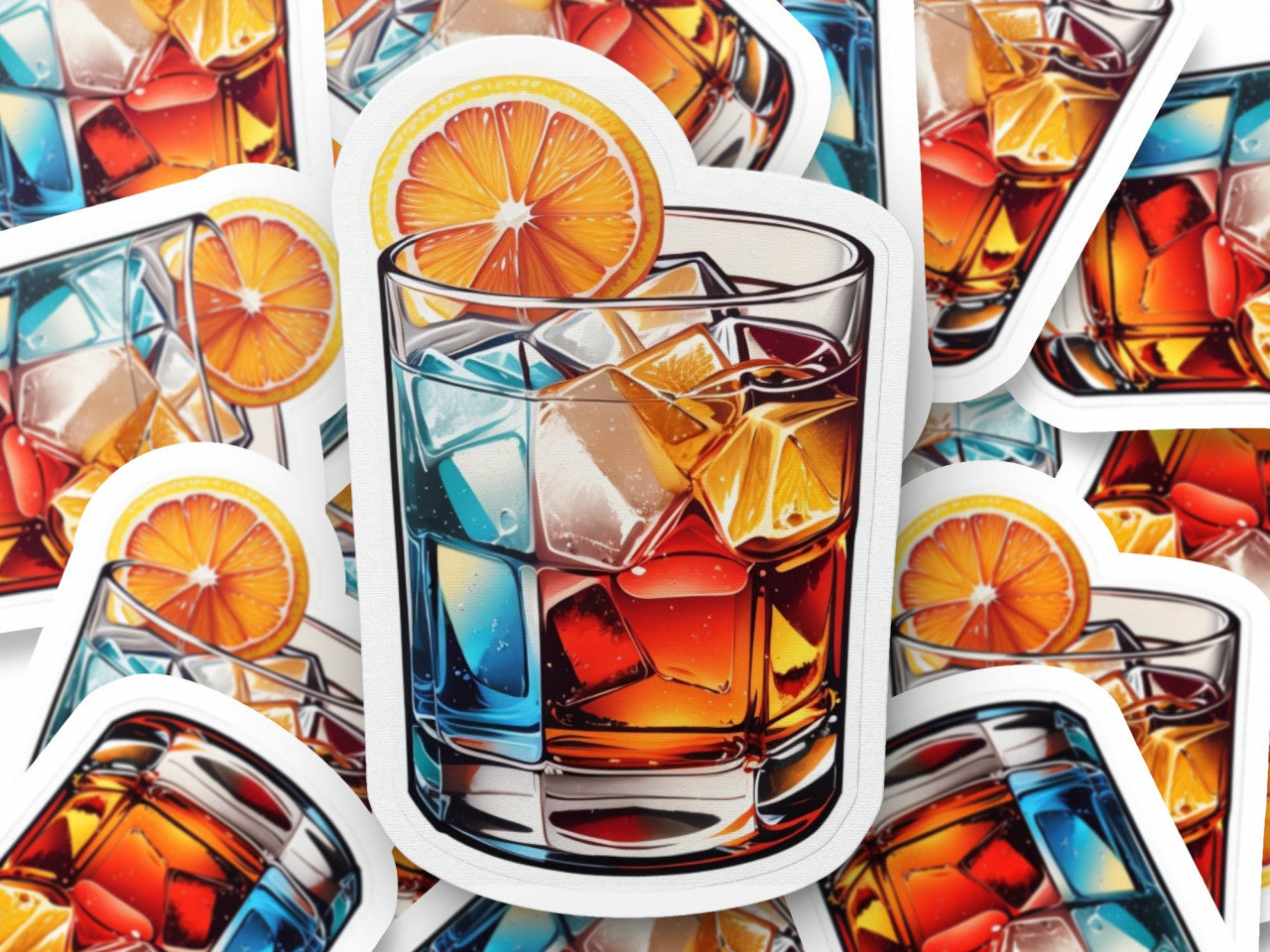 Set 3 bucati, Sticker decorativ, Cocktail old fashion cu gheata, Rezistent la apa, NO980, 6 cm, Multicolor