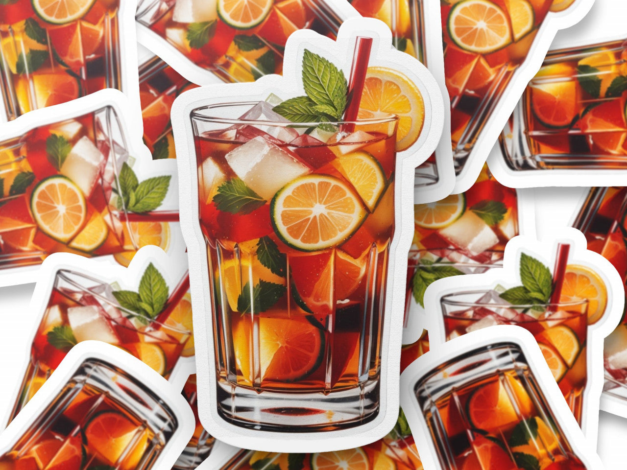 Set 3 bucati, Sticker decorativ, Cocktail Pimm's cu gheata si menta, Rezistent la apa, NO1053, 6 cm, Multicolor