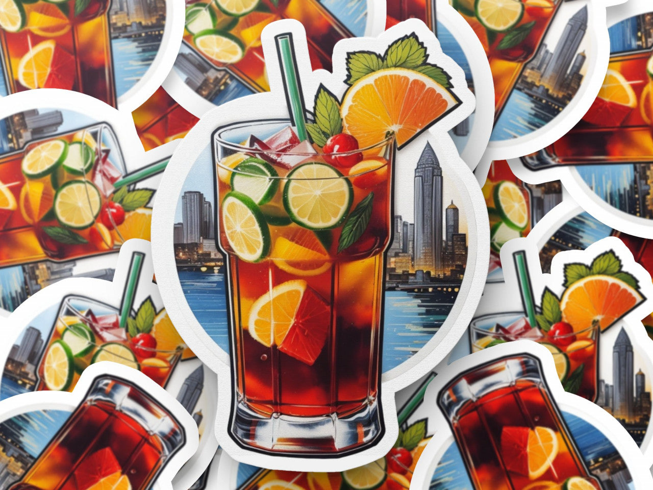Set 3 bucati, Sticker decorativ, Cocktail Pimm's cu lime, Rezistent la apa, NO1056, 6 cm, Multicolor
