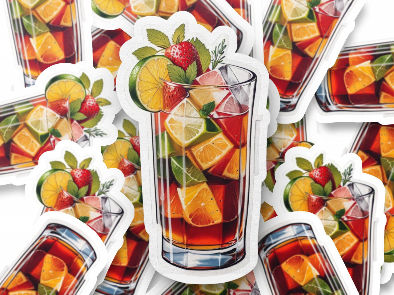 Set 3 bucati, Sticker decorativ, Cocktail Pimm's, Rezistent la apa, NO1054, 6 cm, Multicolor