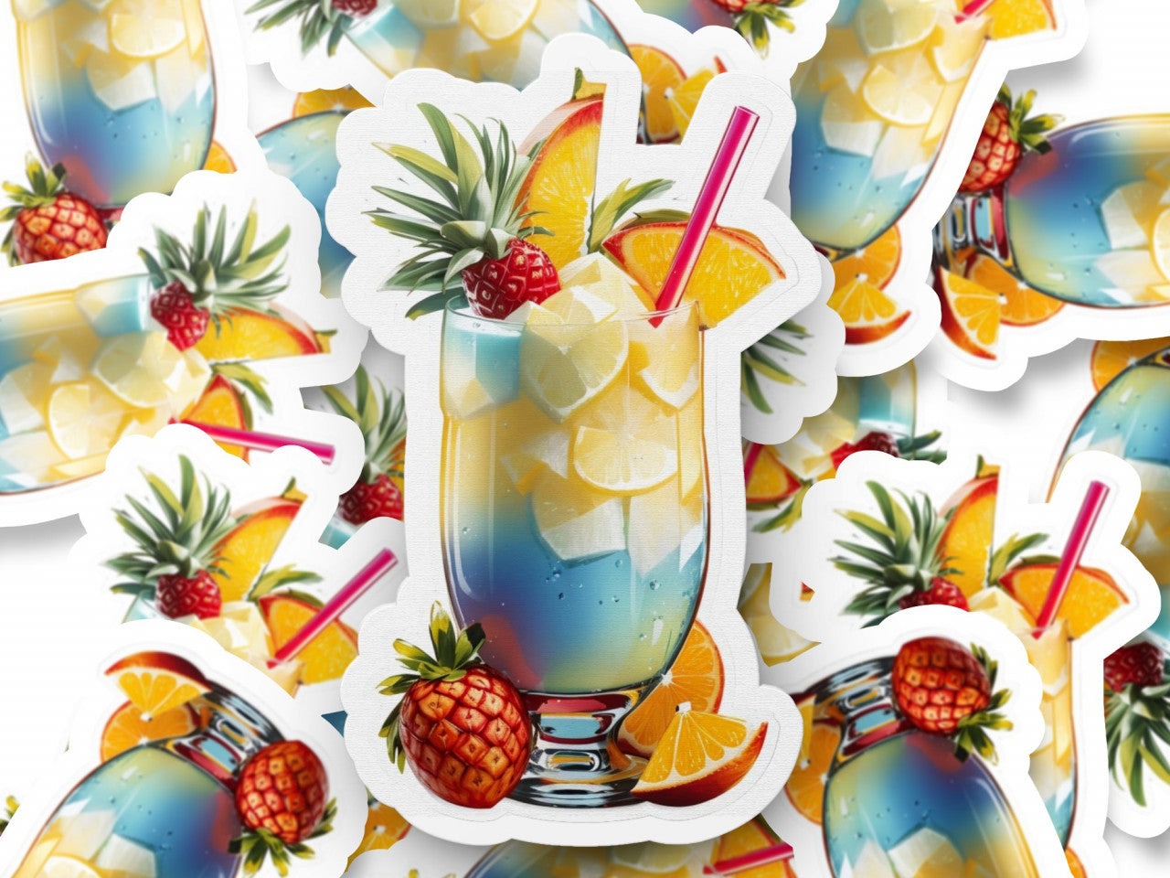 Set 3 bucati, Sticker decorativ, Cocktail Pina Colada cu ananas si capsuna, Rezistent la apa, NO1058, 6 cm, Multicolor