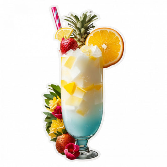 Set 3 bucati, Sticker decorativ, Cocktail Pina Colada cu ananas portocala si capsuna, Rezistent la apa, NO1059, 6 cm, Multicolor