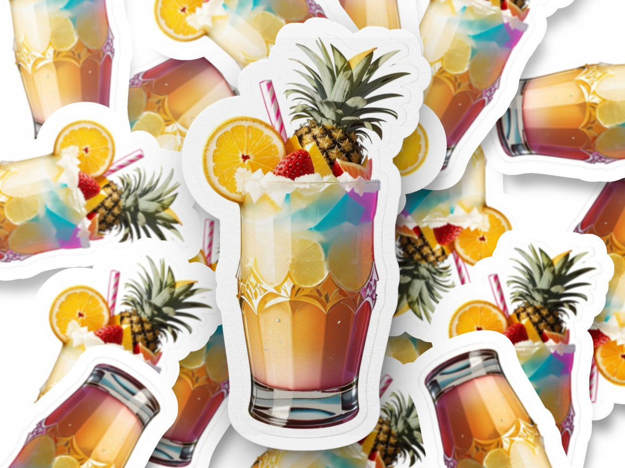 Set 3 bucati, Sticker decorativ, Cocktail Pina Colada cu ananas, Rezistent la apa, NO1057, 6 cm, Multicolor