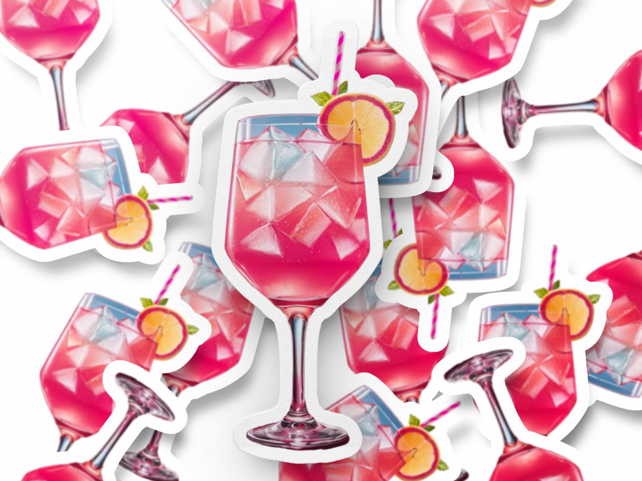 Set 3 bucati, Sticker decorativ, Cocktail pink lady, pahar cu pai, Rezistent la apa, NO1062, 6 cm, Multicolor