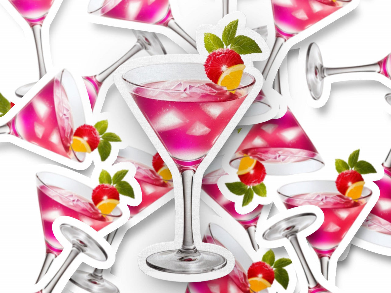 Set 3 bucati, Sticker decorativ, Cocktail pink martini cu capsuna si menta, Rezistent la apa, NO1065, 6 cm, Multicolor