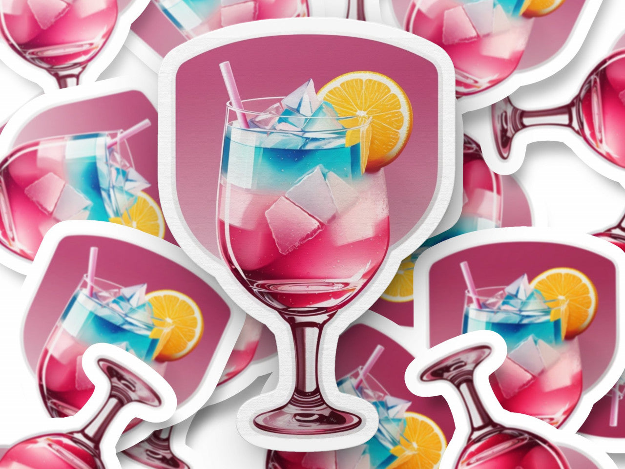 Set 3 bucati, Sticker decorativ, Cocktail pink martini cu gheata, Rezistent la apa, NO1066, 6 cm, Multicolor