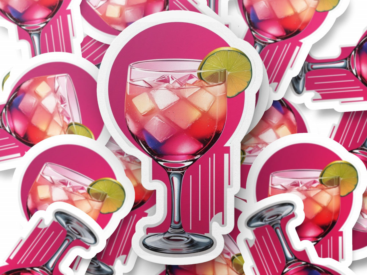 Set 3 bucati, Sticker decorativ, Cocktail pink martini cu lime, Rezistent la apa, NO1064, 6 cm, Multicolor