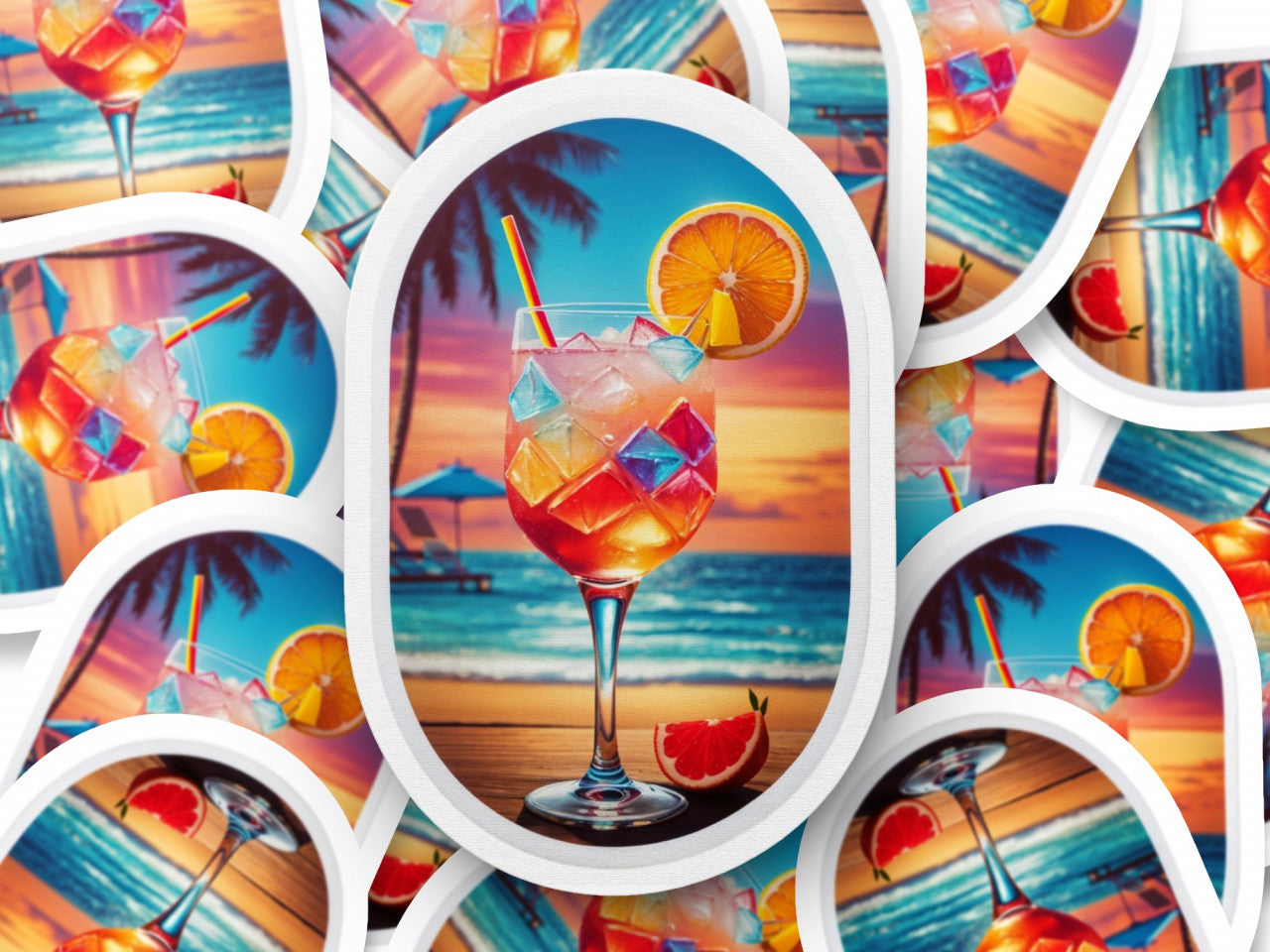 Set 3 bucati, Sticker decorativ, Cocktail sex on the beach pe plaja, Rezistent la apa, NO1196, 6 cm, Multicolor