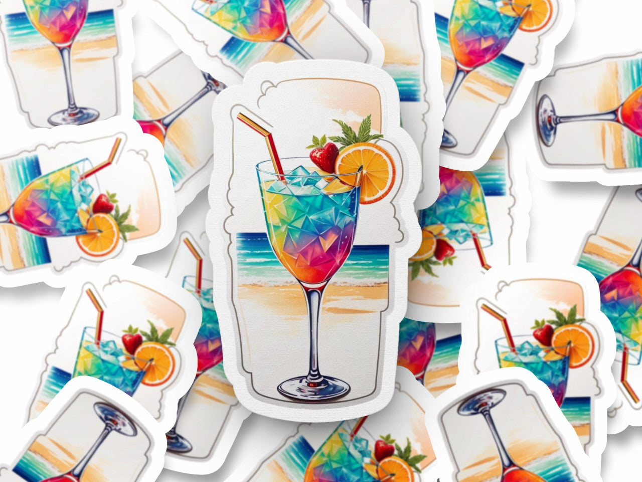 Set 3 bucati, Sticker decorativ, Cocktail sex on the beach pe plaja, Rezistent la apa, NO1197, 6 cm, Multicolor