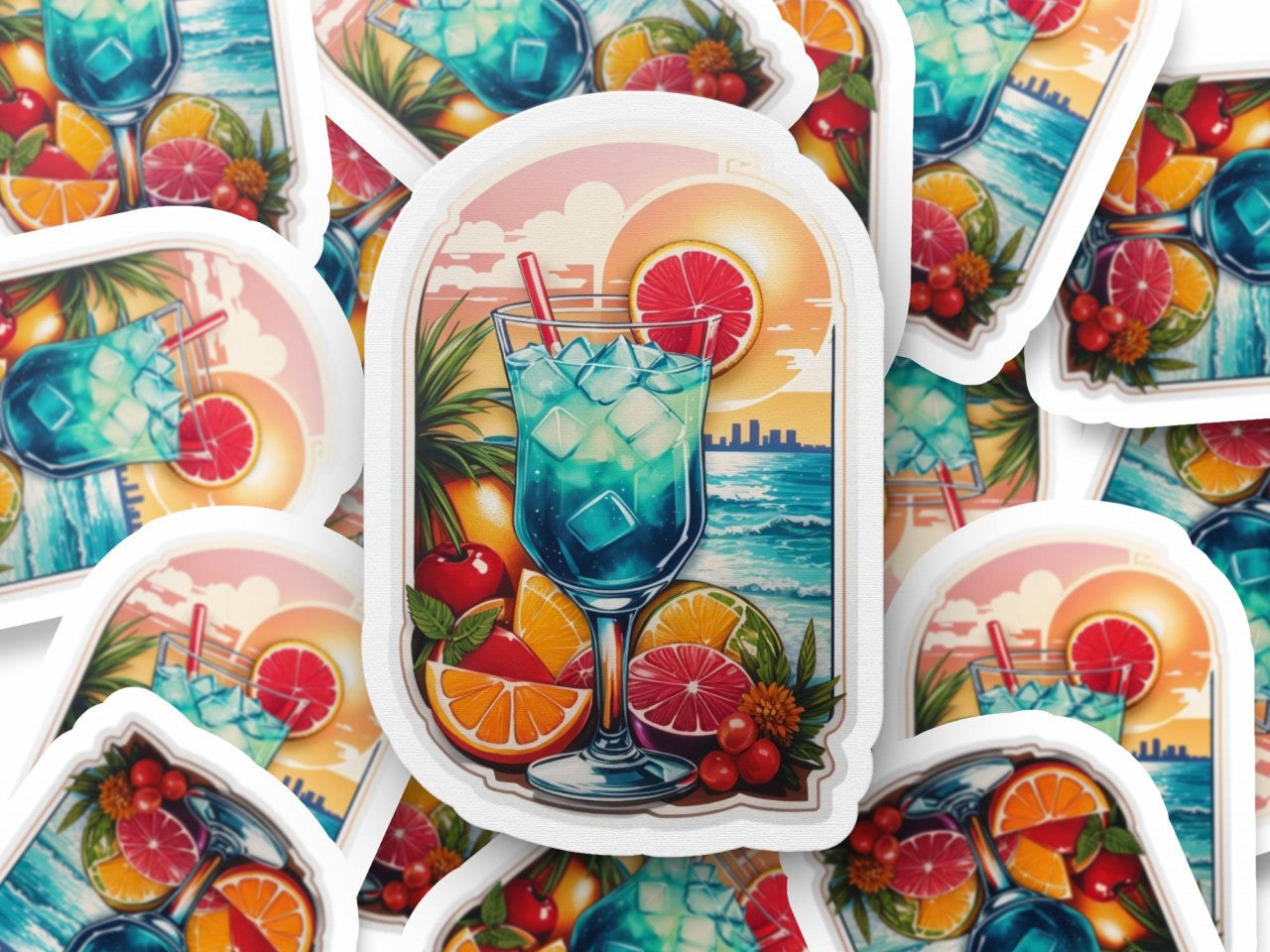 Set 3 bucati, Sticker decorativ, Cocktail sex on the beach, Rezistent la apa, NO1195, 6 cm, Multicolor