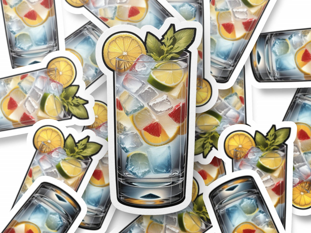 Set 3 bucati, Sticker decorativ, Cocktail Tom Collins cu menta, Rezistent la apa, NO1308, 6 cm, Multicolor