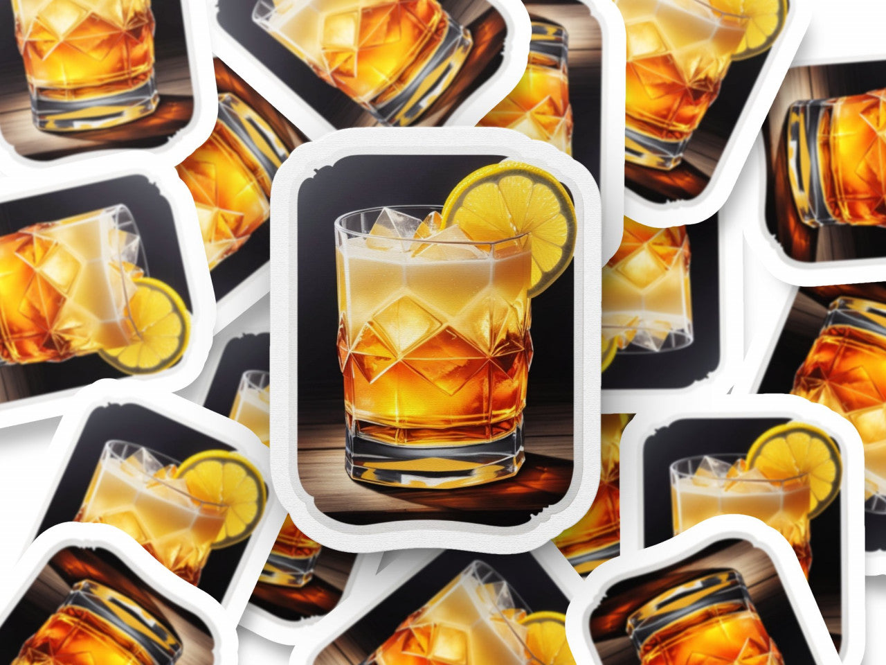 Set 3 bucati, Sticker decorativ, Cocktail whisky sour cu gheata, Rezistent la apa, NO1375, 6 cm, Multicolor