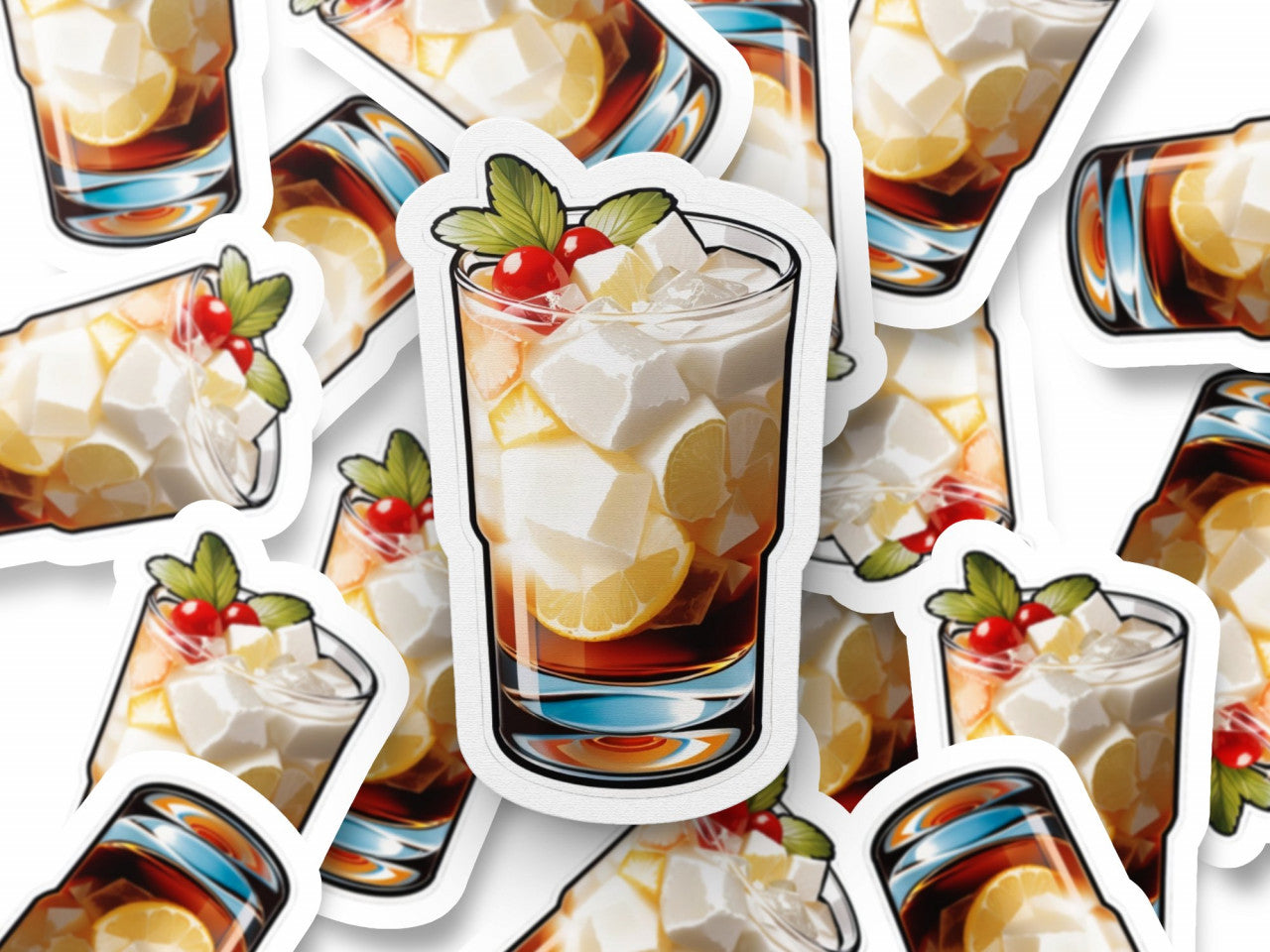 Set 3 bucati, Sticker decorativ, Cocktail white russian cu cirese, Rezistent la apa, NO1379, 6 cm, Multicolor