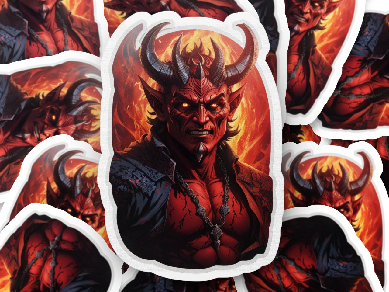 Set 3 bucati, Sticker decorativ, Demonul Satan cu jacheta si medalion, Rezistent la apa, NO1170, 6 cm, Multicolor