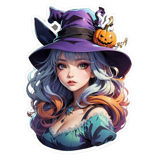 Set 3 bucati, Sticker decorativ, Fata cu palarie de halloween, Rezistent la apa, NO1869, 6 cm, Multicolor