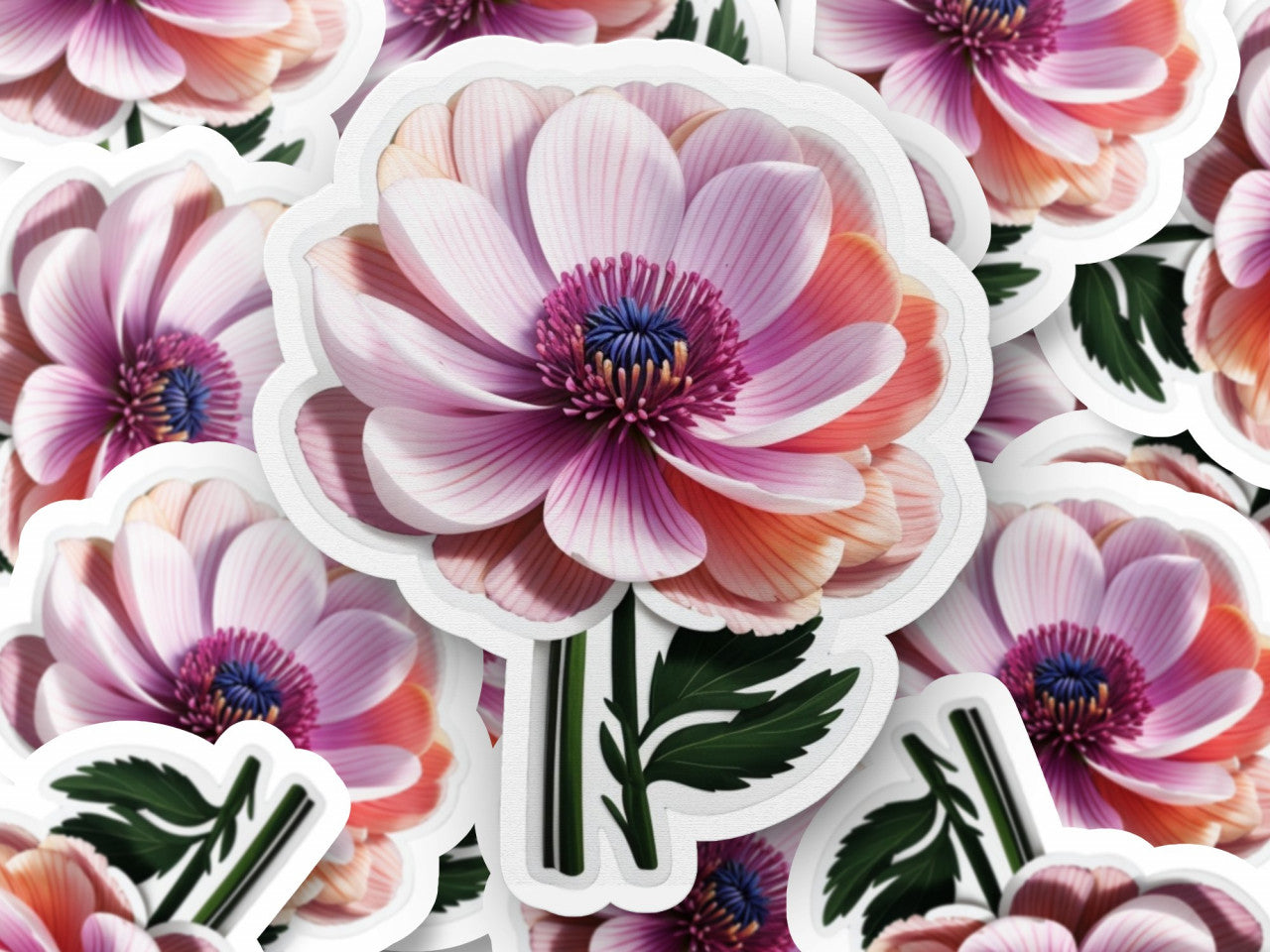 Set 3 bucati, Sticker decorativ, Floare de Anemone, Rezistent la apa, NO179, 6 cm, Multicolor