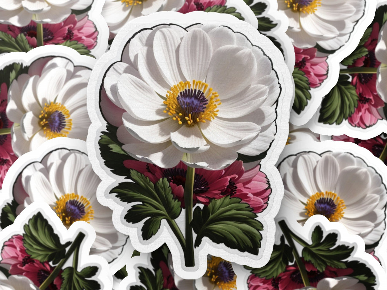 Set 3 bucati, Sticker decorativ, Floare de Anemone, Rezistent la apa, NO180, 6 cm, Multicolor