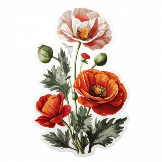 Set 3 bucati, Sticker decorativ, Flori de mac cu boboci, Rezistent la apa, NO1096, 6 cm, Multicolor