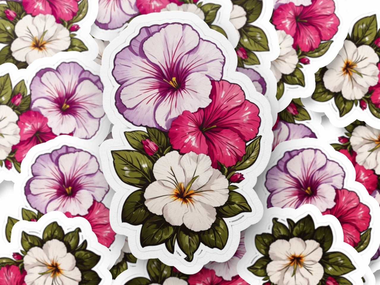 Set 3 bucati, Sticker decorativ, Flori de petunii cu boboci, Rezistent la apa, NO1044, 6 cm, Multicolor