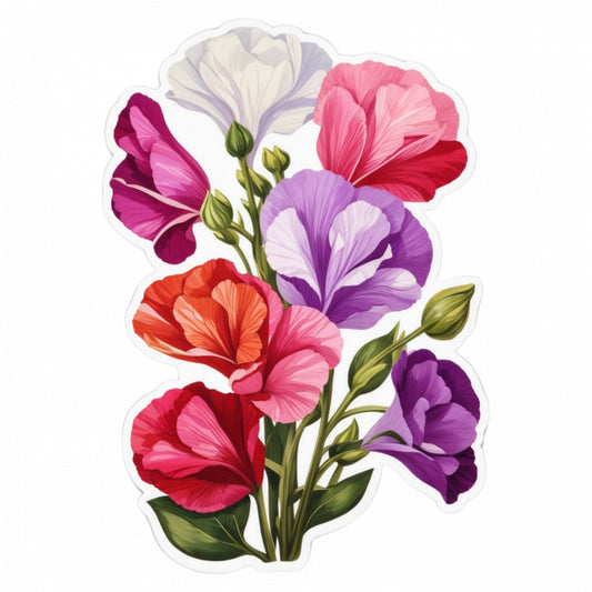Set 3 bucati, Sticker decorativ, Flori de Sweet Pea cu boboci, Rezistent la apa, NO1271, 6 cm, Multicolor