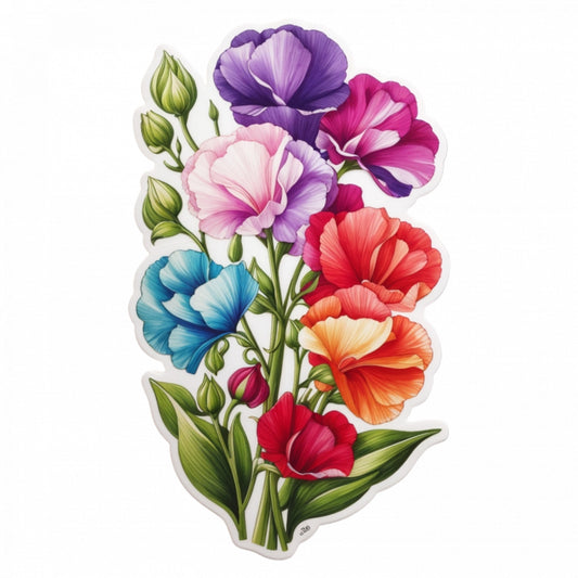 Set 3 bucati, Sticker decorativ, Flori de Sweet Pea, Rezistent la apa, NO1270, 6 cm, Multicolor